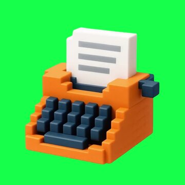 Retro pixel art typewriter toy animation, transparent 4K video, green screen
