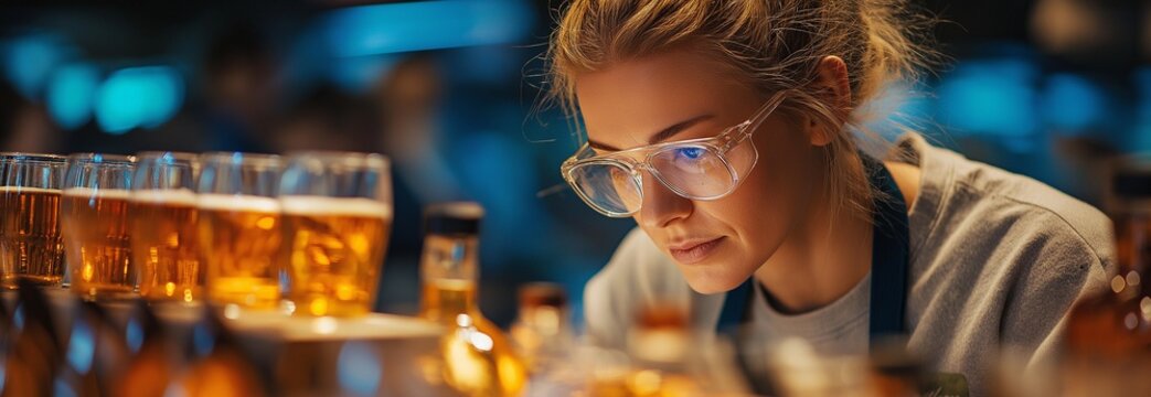 An assistant in the laboratory checks the manufacturing beer and analyses the drinks in the glasses.