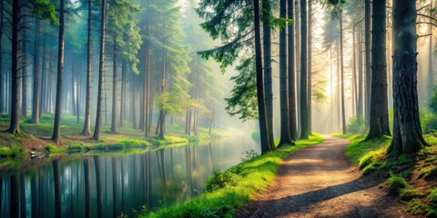 Misty forest with tall trees and a winding path leading to a serene lake , nature, foggy,  nature
