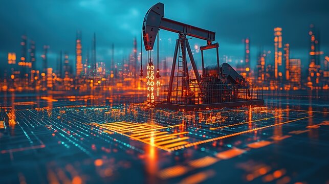 Oil pump jacks and financial chart hologram with rising arrows in double exposure concept of energy market growth and digital business trends, 8k Resolution
