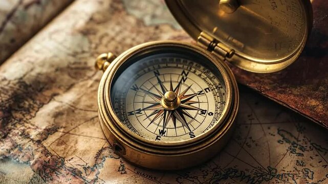 This footage showcases a vintage compass atop a beautifully detailed map. Perfect for themes of exploration and adventure. Captivating imagery for storytelling. Generative AI