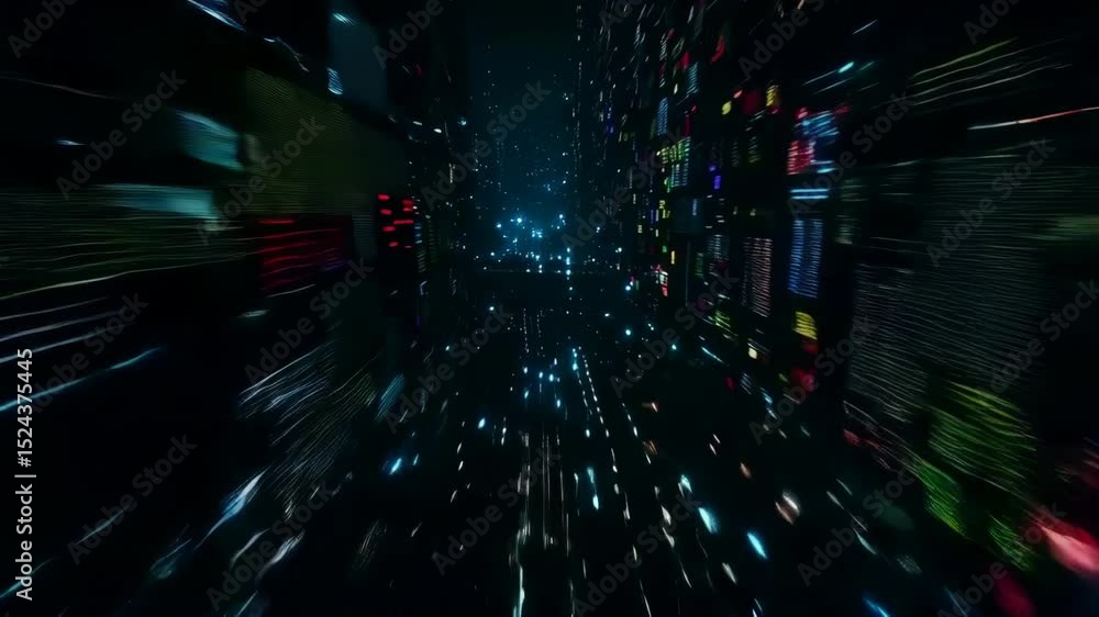 Poster futuristic digital cityscape with dynamic lights and data streams in motion
