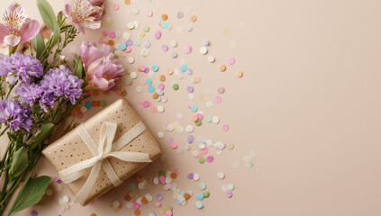 Naklejka premium Pink and Gold Gift Box with Carnations and Confetti on Pastel Background. Celebration.