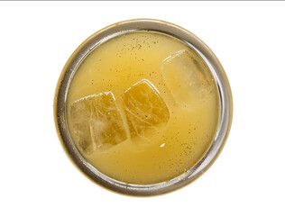 Yellow fruits cocktail with ice cubes on white background.