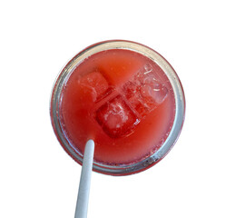 Red berry cocktail with ice cubes on white background.