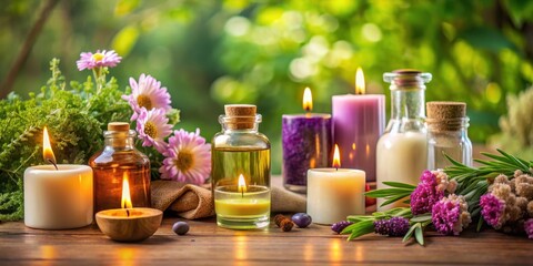 A serene spa still life with a warm candle surrounded by soothing aromatherapy bottles and colorful essential oils