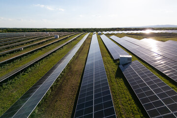 Aerial view of solar power station with energy storage