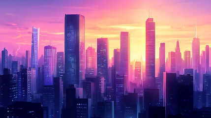 Fototapeta premium Vibrant sunset over a city skyline highlighting tall buildings and colorful hues in the evening sky