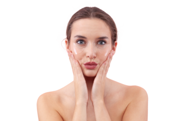 Portrait of a young woman with a natural, no makeup look, wearing silicone under eye patches, looking at the camera. Skincare concept for dark circles, isolated on white background