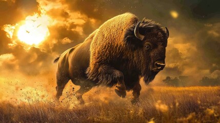 Powerful american bison running through prairie during sunset, symbol of wildlife