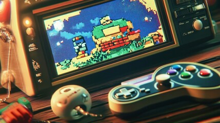 Retro gaming setup featuring a handheld console with a pixelated game on screen