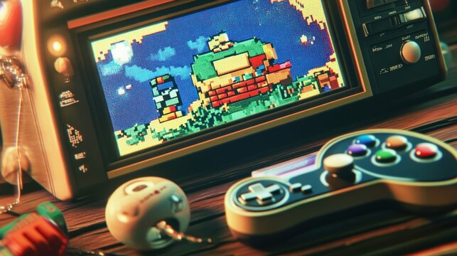 Retro gaming setup featuring a handheld console with a pixelated game on screen