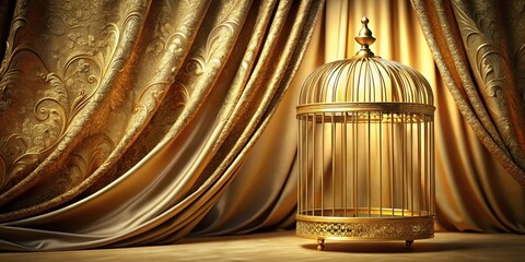 An ornate, gold-plated cage with intricate patterns and shapes, partially obscured by a sheer curtain or veil, conveying a sense of restraint and exclusivity , veil, gold plating