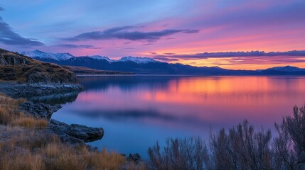 Naklejka premium Spectacular mountain lake at sunset with vibrant pink and orange reflection