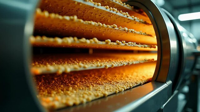 Flax mixture transforms into crisp crackers through rhythmic pressing and slicing in a food production facility