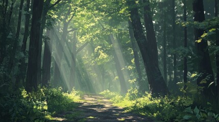 Obraz premium Sunlight Filtering Through the Trees in a Lush Green Forest Scenery