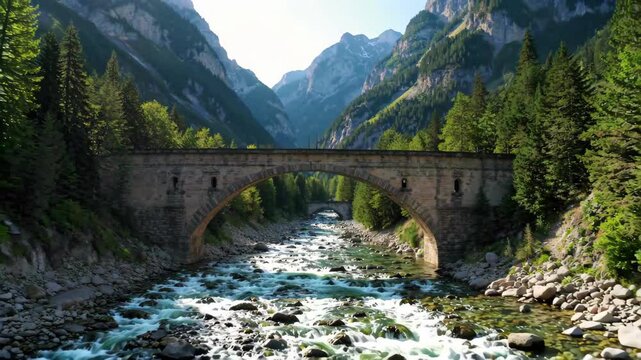 arafed stone bridge over a river with a mountain in the background