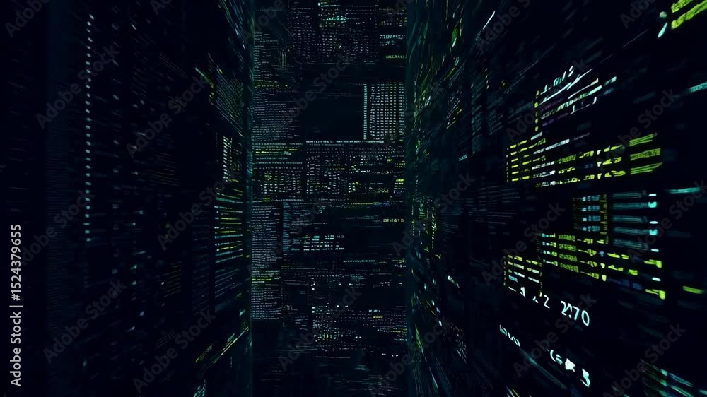 Poster digital data stream in futuristic matrixlike cityscape with green and blue light patterns