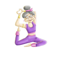 Elderly woman practicing yoga in violet tracksuit