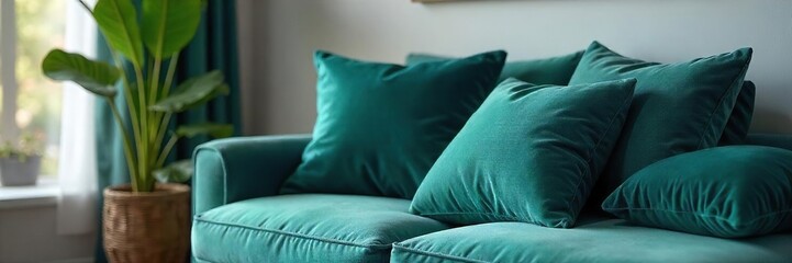 Plush living room cushion in a rich teal velvet, adding a touch of luxury and comfort to any sofa or armchair Perfect for relaxing and adding a pop of color , pillow, plush