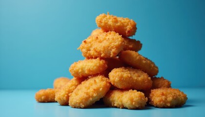 Stack of crispy chicken nuggets in top view on blue background