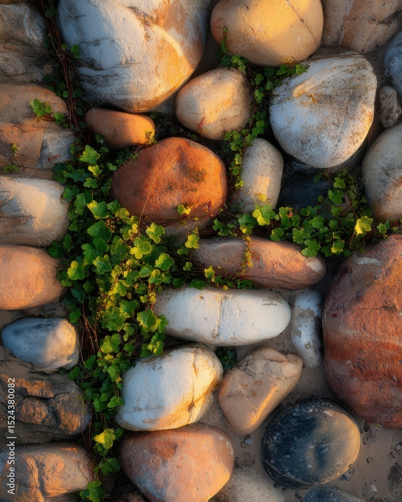 Poster smooth river stones with green ivy, representing natural harmony and organic texture for backgrounds