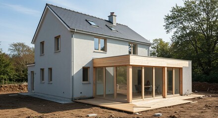 Modern house exterior with extension and terrace in a sunny, wooded area