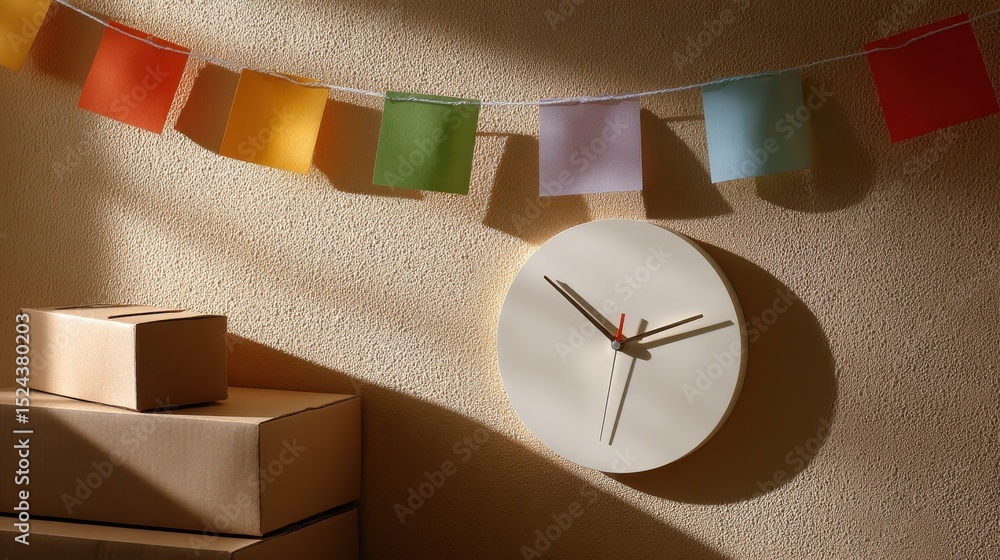 Poster wall clock and cardboard boxes with colorful garland, representing deadline and logistics management