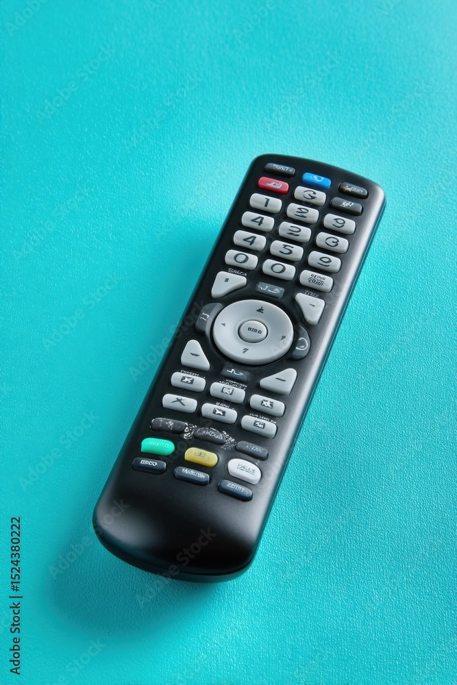 Poster black remote control on turquoise background, symbolizing entertainment and modern technology for ho
