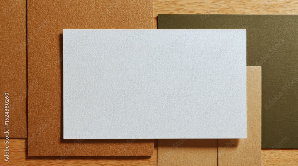 Aufkleber blank white card on wooden surface with assorted textured papers, ideal for mockups and business com