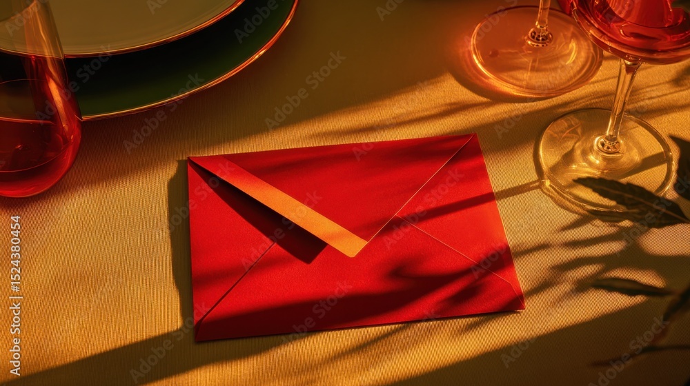 Poster red envelope on table setting with wine glasses, representing romance and invitation for celebration