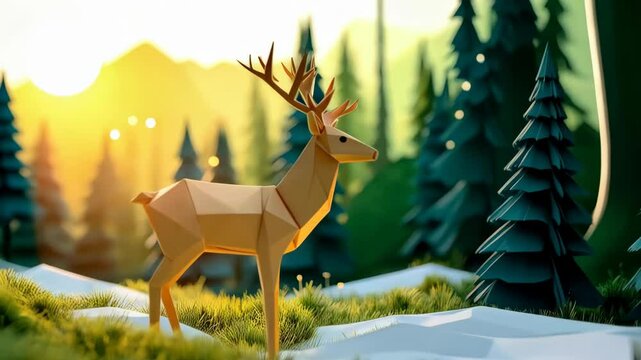 Stylized polygonal deer standing in snowy forest during sunset; Geometric animal figurine in nature setting with trees and mountains