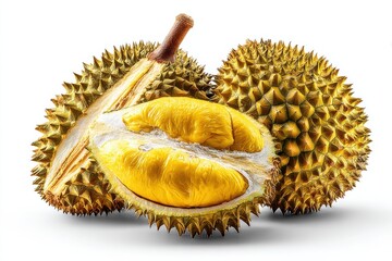 Obraz premium Durian Fruit Cut Open on White Background, Showcasing Exotic Food and Gastronomic Adventure, Perfect for Culinary Exploration and Healthy Eating Campaigns : Generative AI