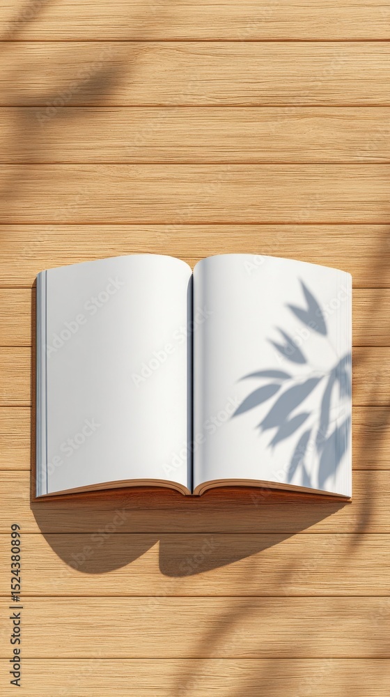 Poster open book on wood surface with leaf shadow, representing education and creative writing, perfect for