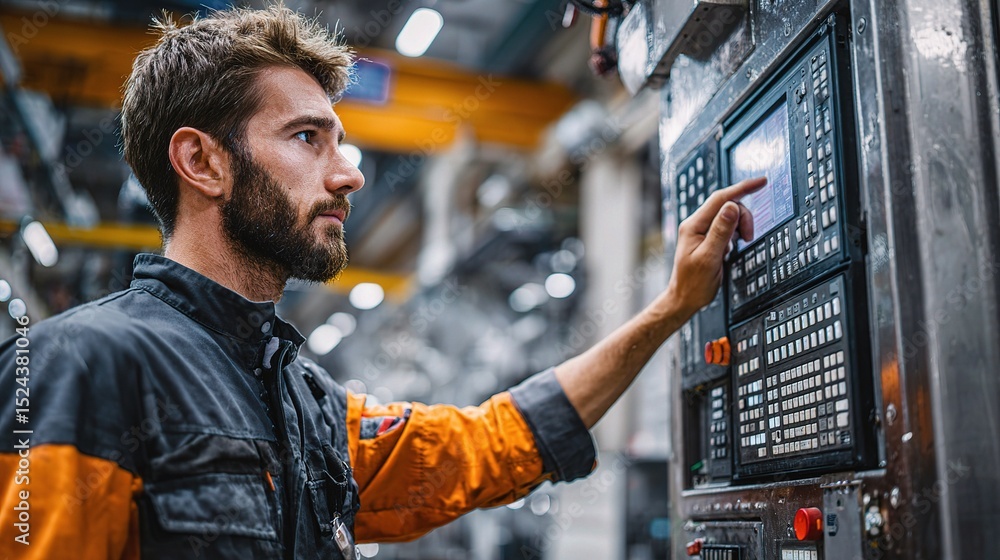 Poster portrait of engineer working on control panel in industrial setting
