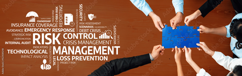 Poster a dynamic visual representation of collaborative risk management showcases diverse hands holding puz