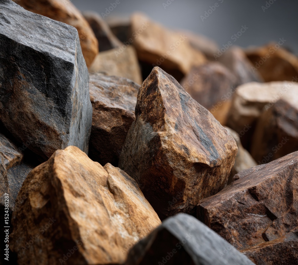 Poster pile of rocks in earthy tones, symbolizing foundation and geological science, useful for constructio