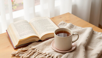 Open book and cup of tea on table with cozy blanket indoors  