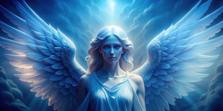 Angelic figure in blue light with serene expression, ethereal glow, angel