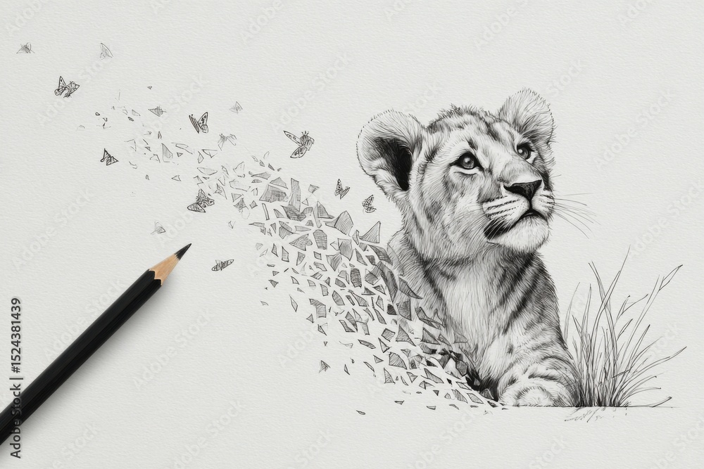 Poster lion cub sketch with butterflies and pencil, symbolizing artistic expression and childhood wonder, p