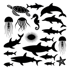Silhouette collection of various marine animals including sharks dolphins and jellyfish