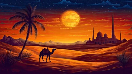 A desert landscape at sunset, featuring a camel and a mosque.