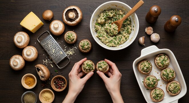 Stuffing mushrooms cooking prep on wood table. Recipe content creation use