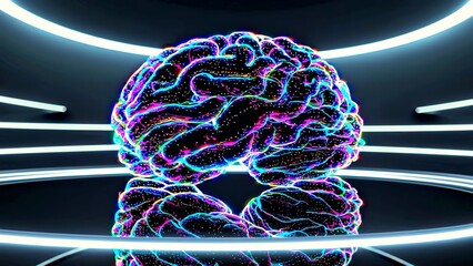 Digital brain glowing, spinning within high tech lab featuring neon illumination, symbolizing advanced AI technology and computational intelligence