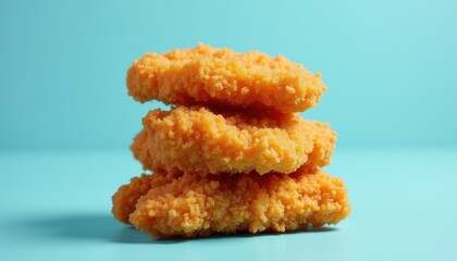 Stack chicken fingers in top view on blue background