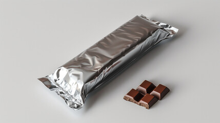 luxury silver chocolate bar in foil wrap with minimalist outer packaging, elegant branding, isolated on white background