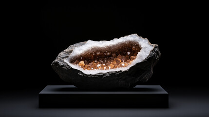 A geode split open to reveal a sparkling interior filled with shimmering crystals, dark background	