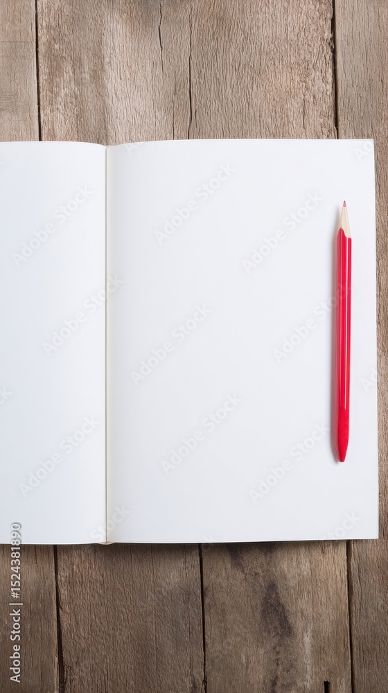 Aufkleber open notebook with red pencil on rustic wooden table, representing creativity and planning for busin