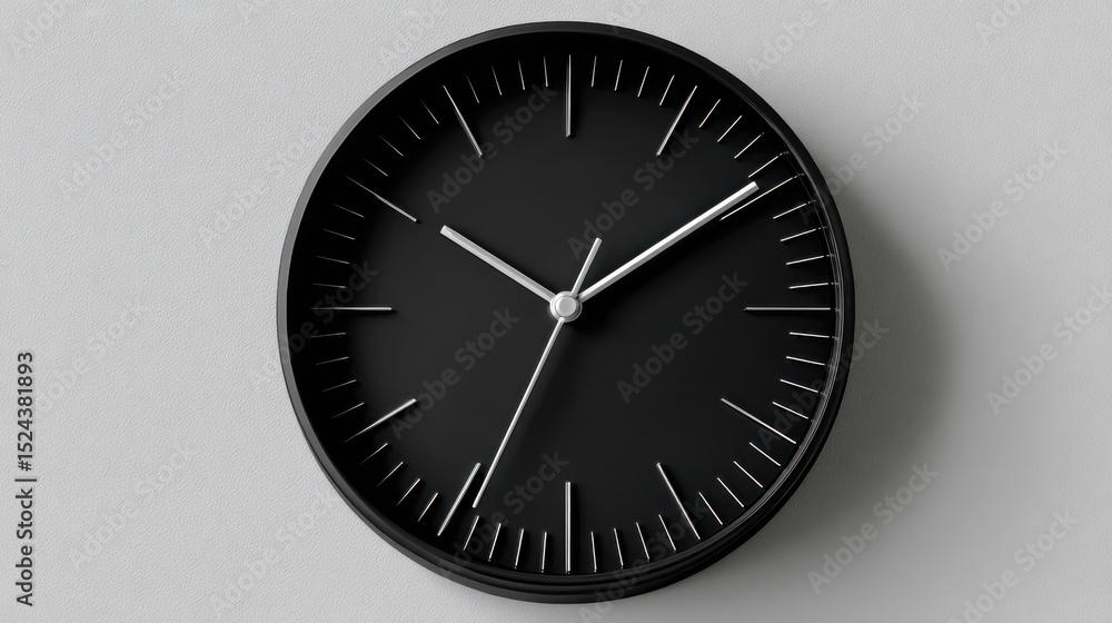 Poster minimalist black clock on white wall, symbolizing time management and deadline awareness in business