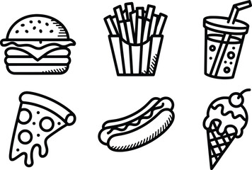 Fast Food Icon Set, Burger, Fries, Soda, Pizza, Hot Dog, & Ice Cream Line Art Vector Illustration.